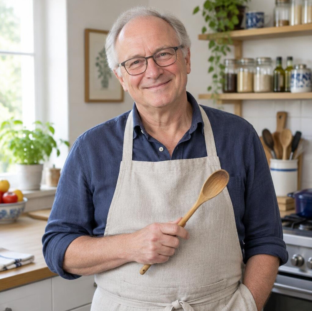 Senior man in a kitchen apron holding a wooden spoon smiling