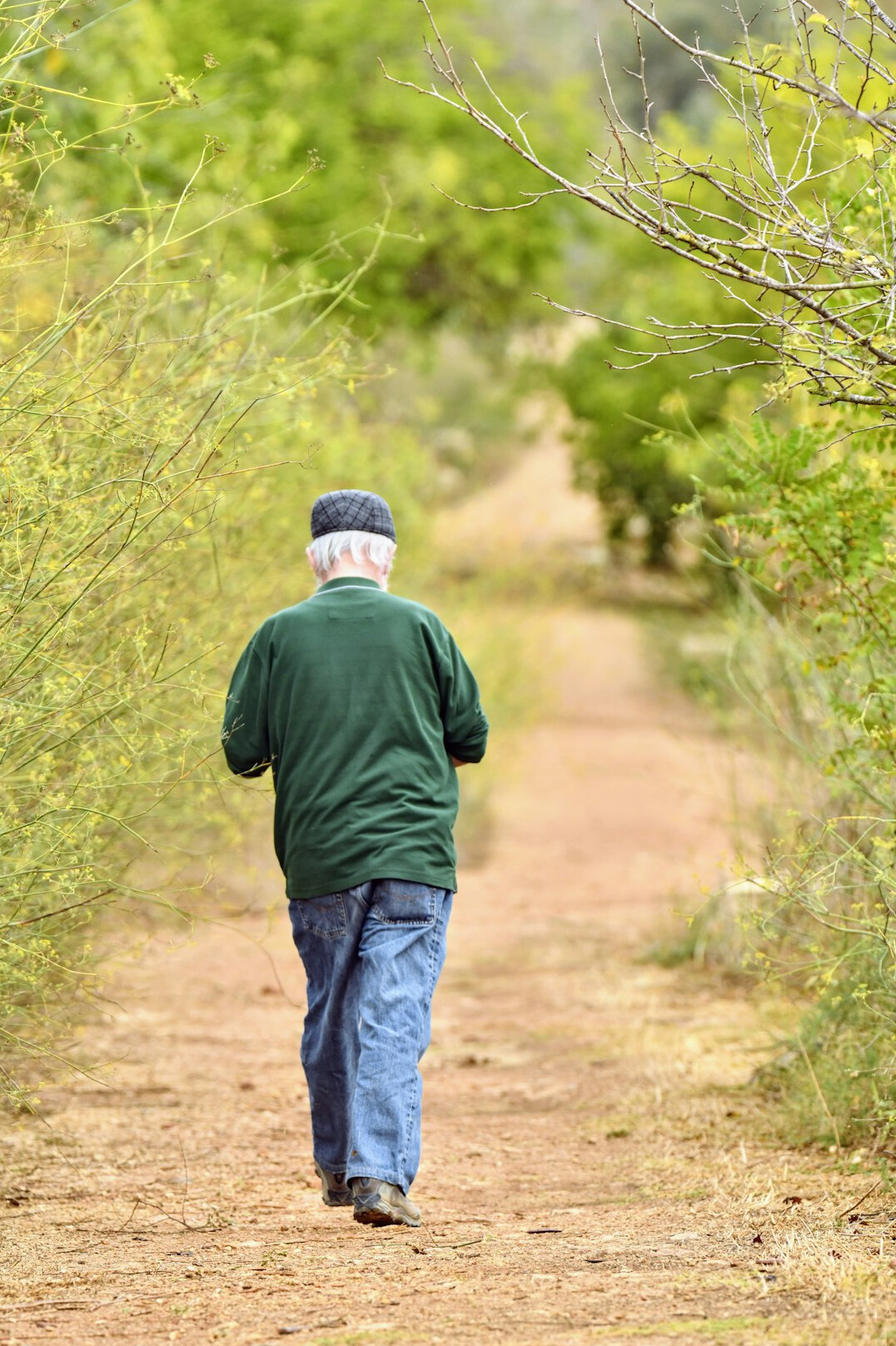 Senior man with a flat cap walking along a path in nature