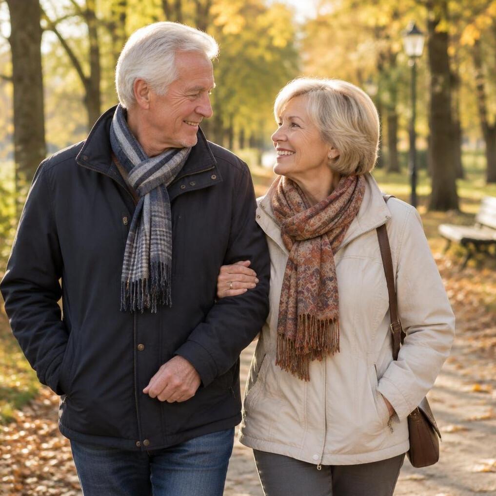 Senior German couple walking together on an autumn park path, smiling